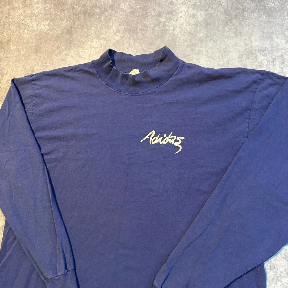 Vintage Adidas Mock Neck Long Sleeve Shirt Blue Men's XL Made in USA Graphic 80s